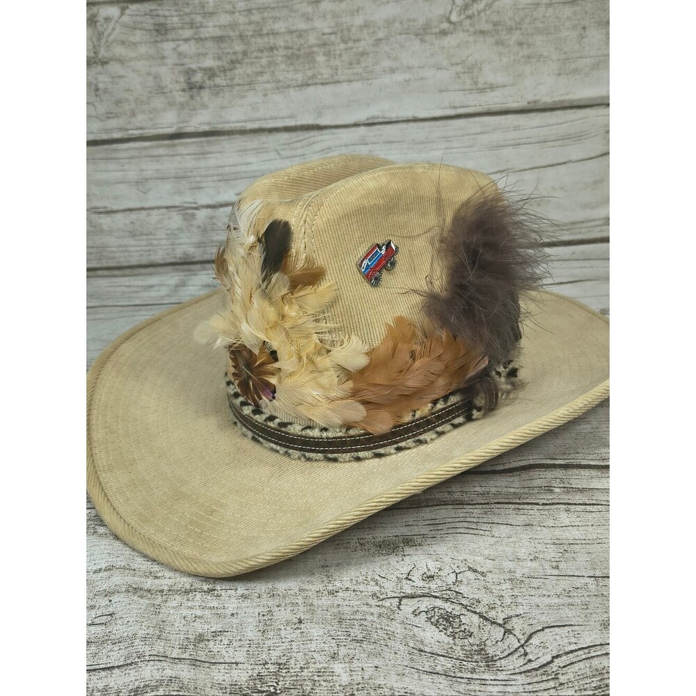 Vintage Lanning Tan Corduroy Feather Cowboy Hat Size Medium